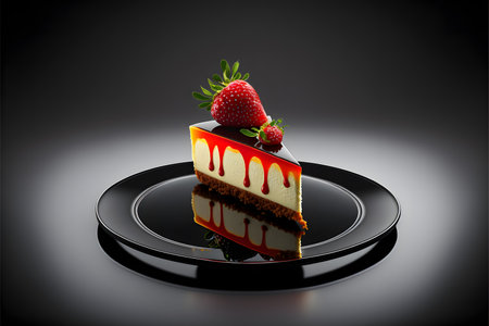 Cheesecake with red strawberry on black background created with generative AI technology. High quality illustrationの写真素材