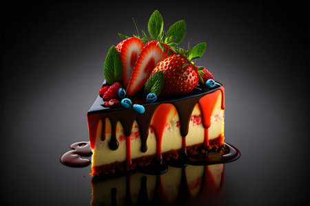 Cheesecake with red strawberry on black background created with generative AI technology. High quality illustrationの写真素材