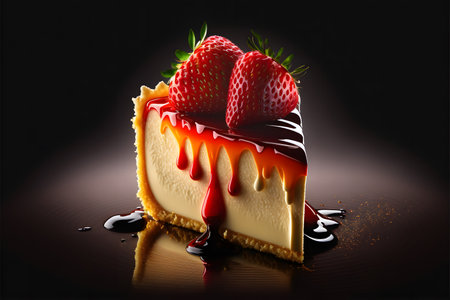 Cheesecake with red strawberry on black background created with generative AI technology. High quality illustrationの写真素材