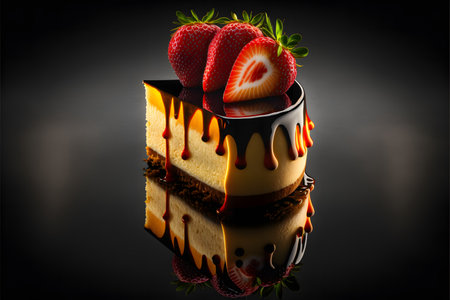 Cheesecake with red strawberry on black background created with generative AI technology. High quality illustrationの写真素材