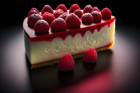 Cheesecake with red Raspberry on black background created with generative AI technology. High quality illustrationの写真素材