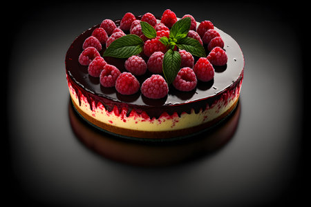 Cheesecake with red Raspberry on black background created with generative AI technology. High quality illustrationの写真素材