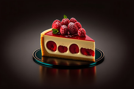 Cheesecake with red Raspberry on black background created with generative AI technology. High quality illustrationの写真素材