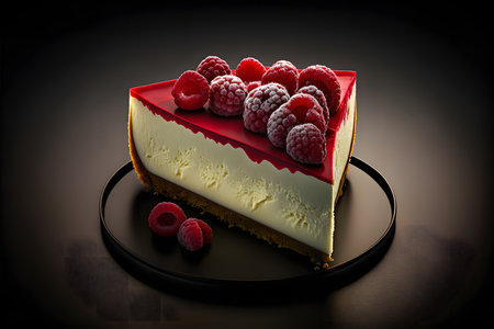 Cheesecake with red Raspberry on black background created with generative AI technology. High quality illustrationの写真素材