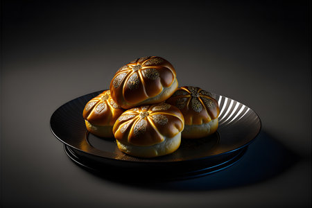 Cardamon Buns on black background created with generative AI technology. High quality illustrationの写真素材