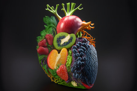 Human Heart Made of Fruits and Vegetables on black background created with generative AI technology. High quality illustrationの写真素材