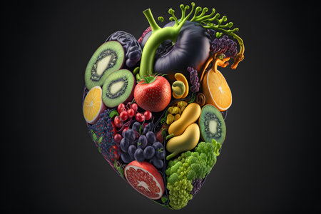 Human Heart Made of Fruits and Vegetables on black background created with generative AI technology. High quality illustrationの写真素材