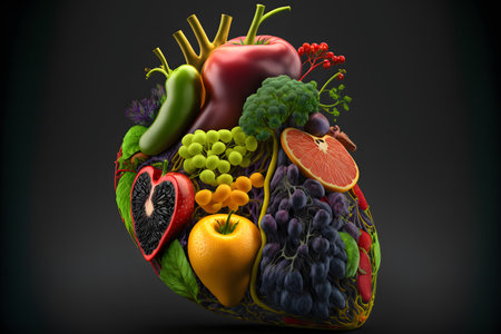 Human Heart Made of Fruits and Vegetables on black background created with generative AI technology. High quality illustrationの写真素材