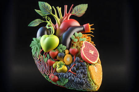 Human Heart Made of Fruits and Vegetables on black background created with generative AI technology. High quality illustrationの写真素材