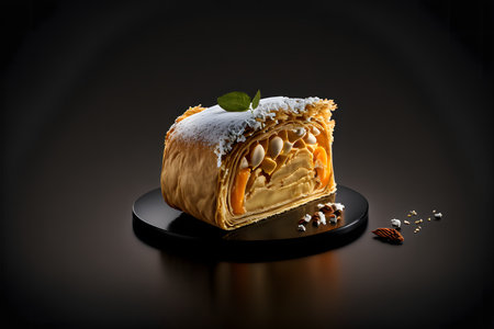 Apfelstrudel on black background created with generative AI technology. High quality illustrationの写真素材
