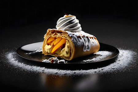 Apfelstrudel on black background created with generative AI technology. High quality illustrationの写真素材