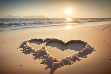 Hearts in the sand by the sea created with generative AI technology. High quality illustrationの写真素材