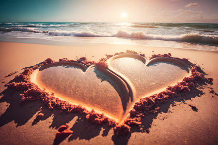 Hearts in the sand by the sea created with generative AI technology. High quality illustrationの写真素材