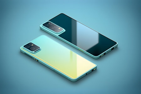 Modern smartphone mockup on a blue background created with generative AI technology. High quality illustrationの写真素材