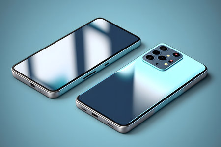 Modern smartphone mockup on a blue background created with generative AI technology. High quality illustrationの写真素材