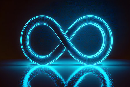 Neon infinity symbol on a blue background created with generative AI technology. High quality illustrationの写真素材