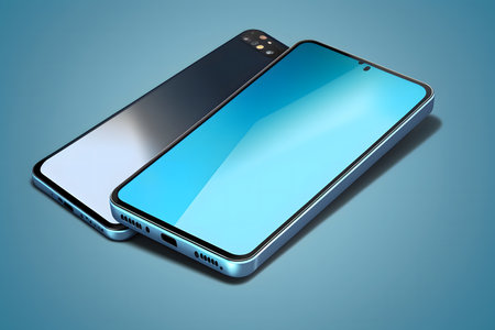 Modern smartphone mockup on a blue background created with generative AI technology. High quality illustrationの写真素材