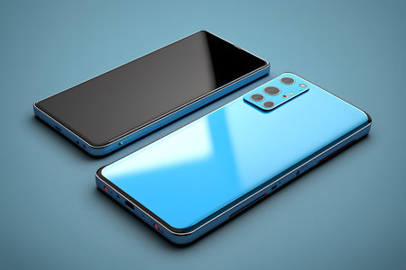 Modern smartphone mockup on a blue background created with generative AI technology. High quality illustrationの写真素材