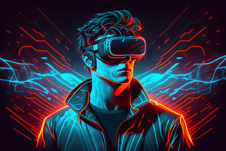 man wearing virtual reality glasses created with generative AI technology. High quality illustrationの写真素材