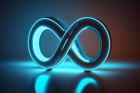 Neon infinity symbol on a blue background created with generative AI technology. High quality illustrationの写真素材