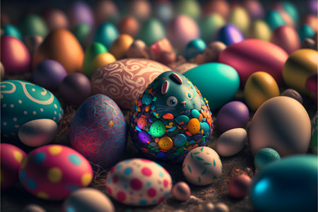 Background of many colorful Easter eggs created with generative AI technology. High quality illustrationの写真素材
