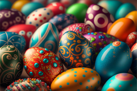 Background of many colorful Easter eggs created with generative AI technology. High quality illustrationの写真素材