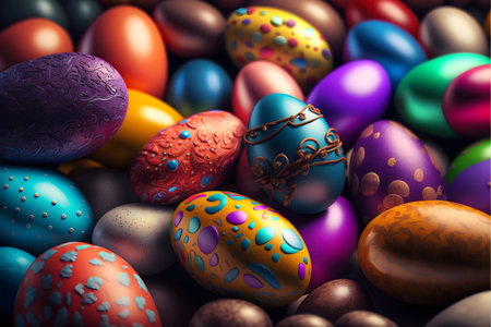Background of many colorful Easter eggs created with generative AI technology. High quality illustrationの写真素材