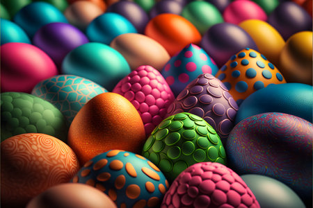 Background of many colorful Easter eggs created with generative AI technology. High quality illustrationの写真素材