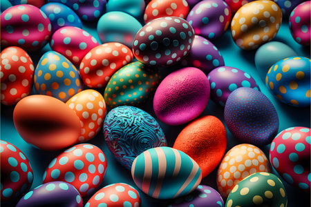 Background of many colorful Easter eggs created with generative AI technology. High quality illustrationの写真素材