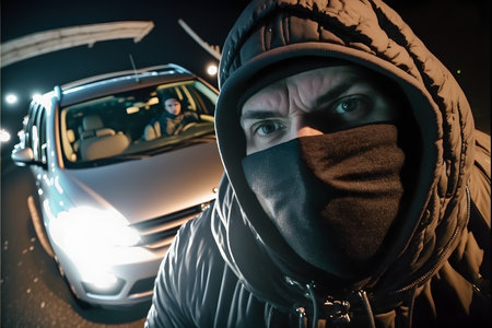 Masked thief steals car view from security camera created with generative AI technology. High quality illustrationの写真素材