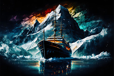 Ship in the Antarctic amid icebergs created with generative AI technology. High quality illustrationの写真素材