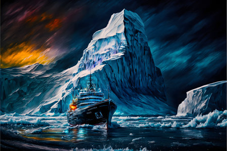 Ship in the Antarctic amid icebergs created with generative AI technology. High quality illustrationの写真素材