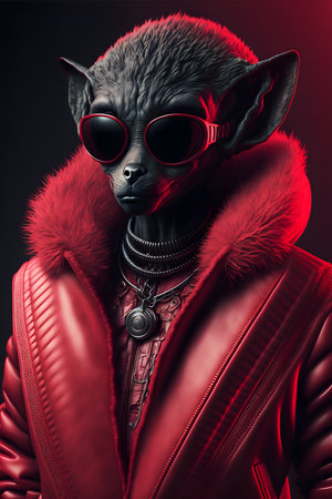 Alien wearing a fashionable stylish long leather red jacket created with generative AI technology. High quality illustrationの写真素材