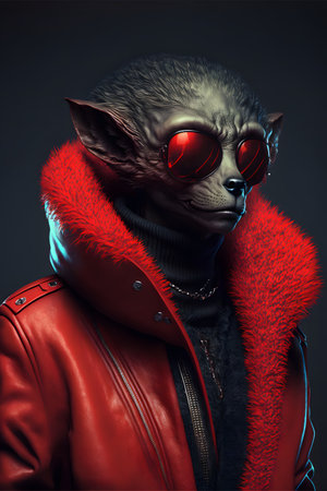 Alien wearing a fashionable stylish long leather red jacket created with generative AI technology. High quality illustrationの写真素材