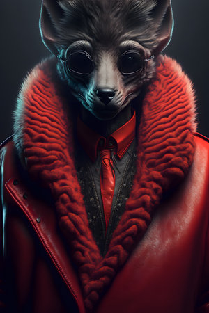 Alien wearing a fashionable stylish long leather red jacket created with generative AI technology. High quality illustrationの写真素材