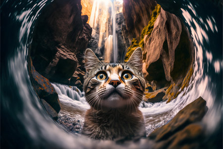 The cat swims in the water selfie view created with generative AI technology. High quality illustrationの写真素材