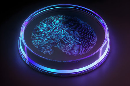 Fingerprint on scanner glowing in ultraviolet created with generative AI technology. High quality illustrationの写真素材