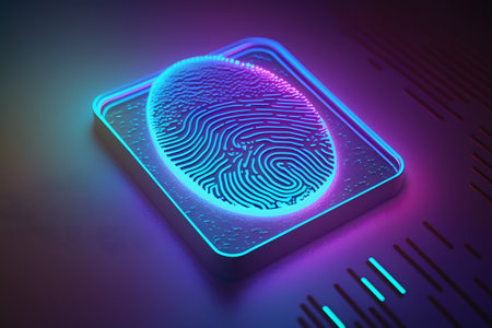 Fingerprint on scanner glowing in ultraviolet created with generative AI technology. High quality illustrationの写真素材
