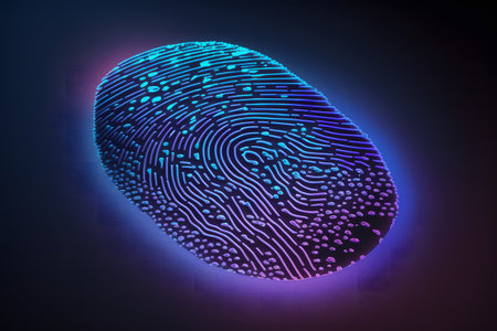 Fingerprint on scanner glowing in ultraviolet created with generative AI technology. High quality illustrationの写真素材