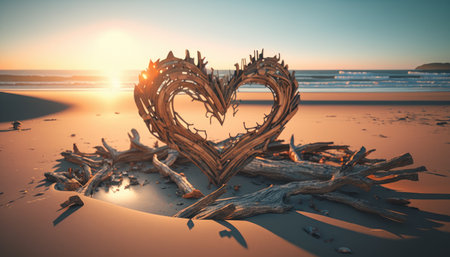 Heart on the beach folded from the wreckage of a tree carried by the sea to the shore created with generative AI technology. High quality illustrationの写真素材
