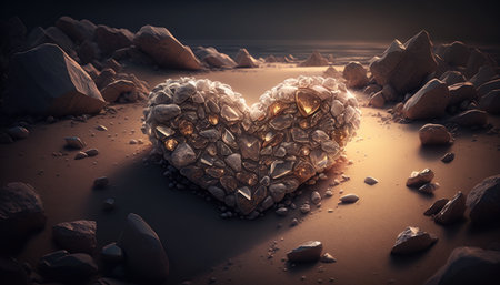Heart made of rocks and shells on the ocean on the beach on the ocean on the beach created with generative AI technology. High quality illustrationの写真素材