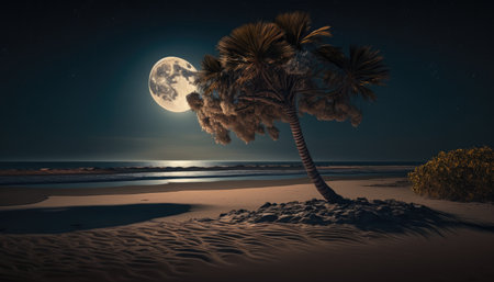 Palm tree at night amid full moon on Caribbean beach created with generative AI technology. High quality illustrationの写真素材