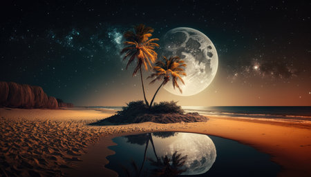 Palm tree at night amid full moon on Caribbean beach created with generative AI technology. High quality illustrationの写真素材