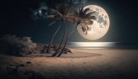 Palm tree at night amid full moon on Caribbean beach created with generative AI technology. High quality illustrationの写真素材
