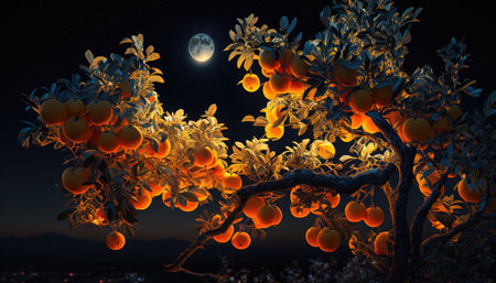 Orange tree branches with oranges against full moon at night created with generative AI technology. High quality illustrationの写真素材