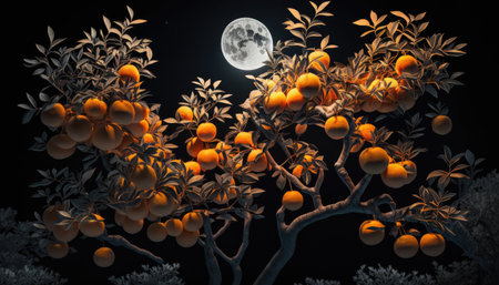 Orange tree branches with oranges against full moon at night created with generative AI technology. High quality illustrationの写真素材