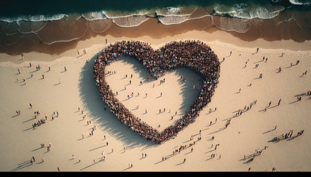 Huge crowd of people forming a heart on the beach created with generative AI technology. High quality illustrationの写真素材