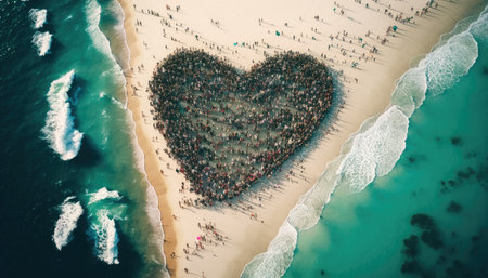 Huge crowd of people forming a heart on the beach created with generative AI technology. High quality illustrationの写真素材