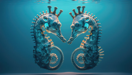 Two seahorses in blue water created with generative AI technology. High quality illustration