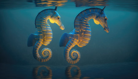 Two seahorses in blue water created with generative AI technology. High quality illustrationの写真素材